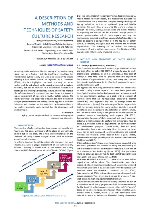 A DESCRIPTION OF METHODS AND TECHNIQUES OF SAFETY CULTURE RESEARCH MM
