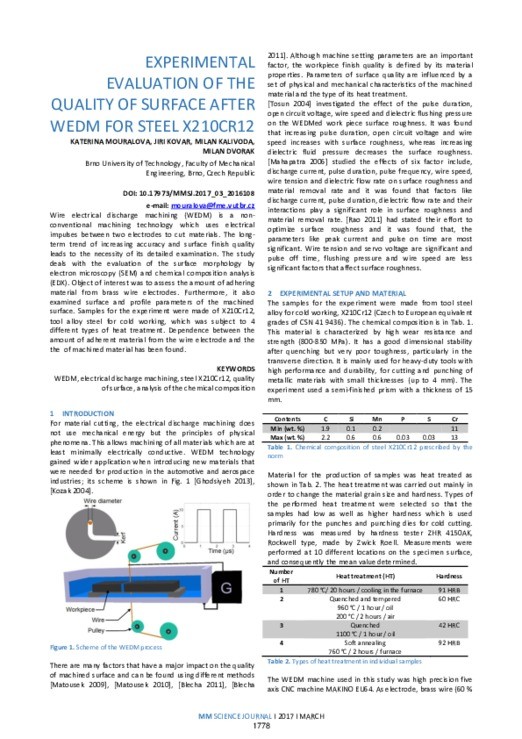 EXPERIMENTAL EVALUATION OF THE QUALITY OF SURFACE AFTER WEDM FOR STEEL ...