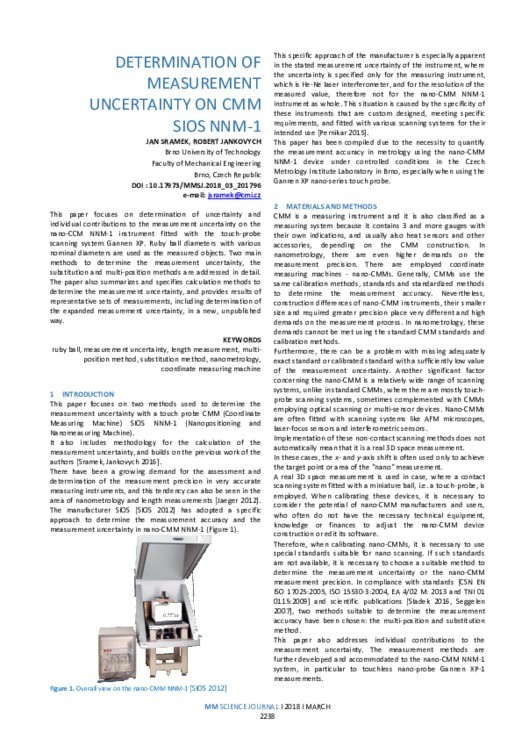 DETERMINATION OF MEASUREMENT UNCERTAINTY ON CMM SIOS NNM1 MM Science Journal