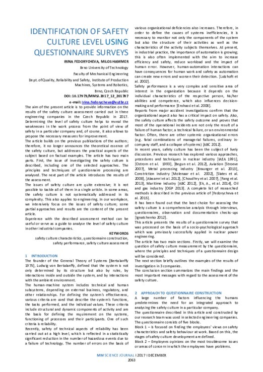 IDENTIFICATION OF SAFETY CULTURE LEVEL USING QUESTIONNAIRE SURVEYS MM Science Journal