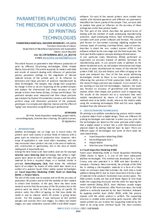 PARAMETERS INFLUENCING THE PRECISION OF VARIOUS 3D PRINTING ...