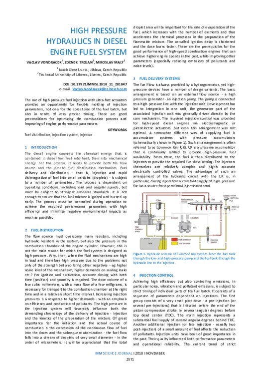 HIGH PRESSURE HYDRAULICS IN DIESEL ENGINE FUEL SYSTEM MM Science Journal