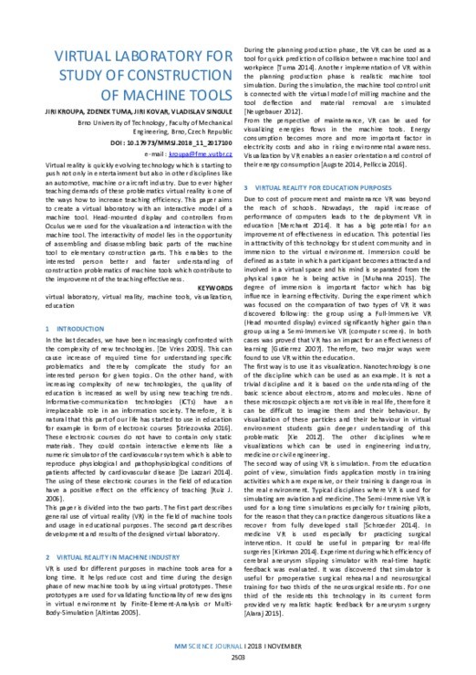 VIRTUAL LABORATORY FOR STUDY OF CONSTRUCTION OF MACHINE TOOLS | MM ...