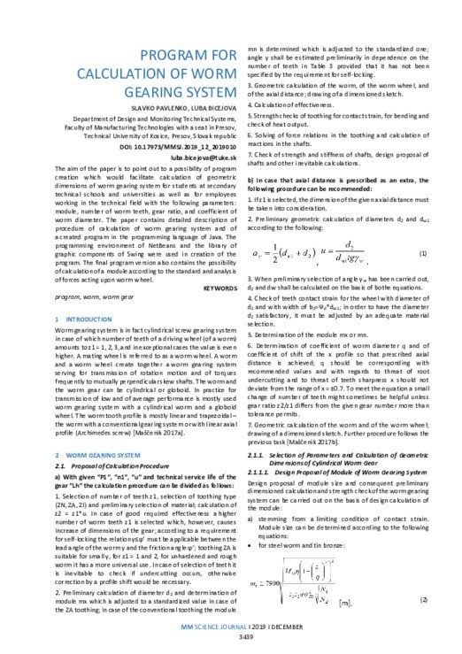 PROGRAM FOR CALCULATION OF WORM GEARING SYSTEM MM Science Journal