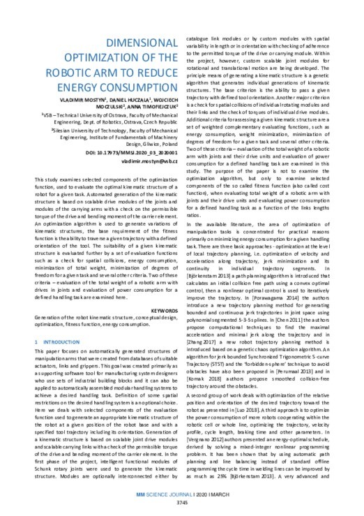 DIMENSIONAL OPTIMIZATION OF THE ROBOTIC ARM TO REDUCE ENERGY ...