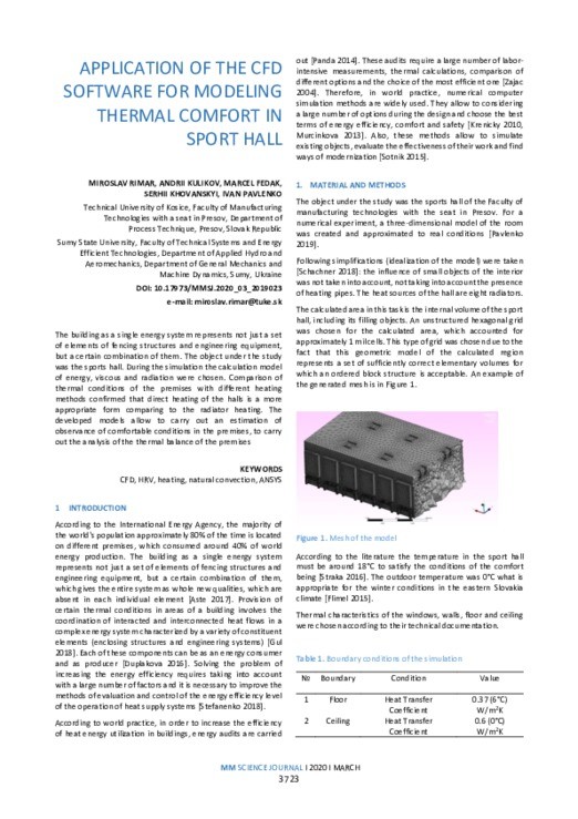 APPLICATION OF THE CFD SOFTWARE FOR MODELING THERMAL COMFORT IN SPORT ...