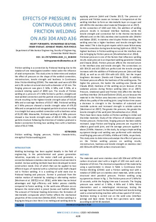 EFFECTS OF PRESSURE IN CONTINUOUS DRIVE FRICTION WELDING ON AISI 304 ...