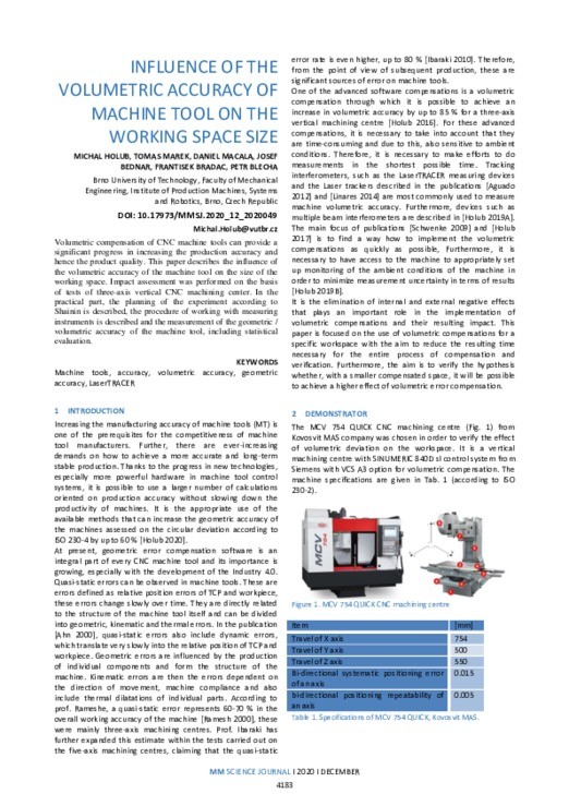 INFLUENCE OF THE VOLUMETRIC ACCURACY OF MACHINE TOOL ON THE WORKING