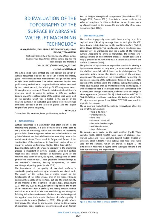 3D EVALUATION OF THE TOPOGRAPHY OF THE SURFACE BY ABRASIVE WATER JET MACHINING TECHNOLOGY MM