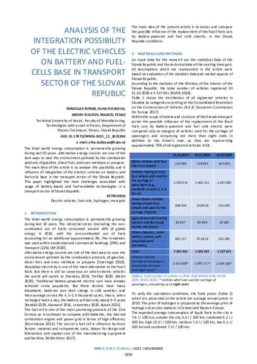 ANALYSIS OF THE INTEGRATION POSSIBILITY OF THE ELECTRIC VEHICLES ON ...