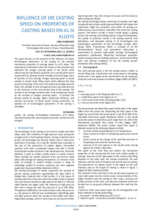 INFLUENCE OF DIE CASTING SPEED ON PROPERTIES OF CASTING BASED ON AL-SI ...