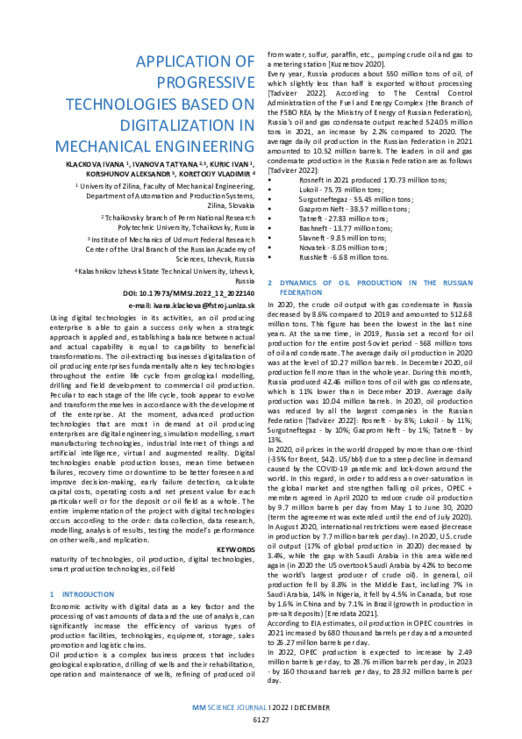 APPLICATION OF PROGRESSIVE TECHNOLOGIES BASED ON DIGITALIZATION IN ...