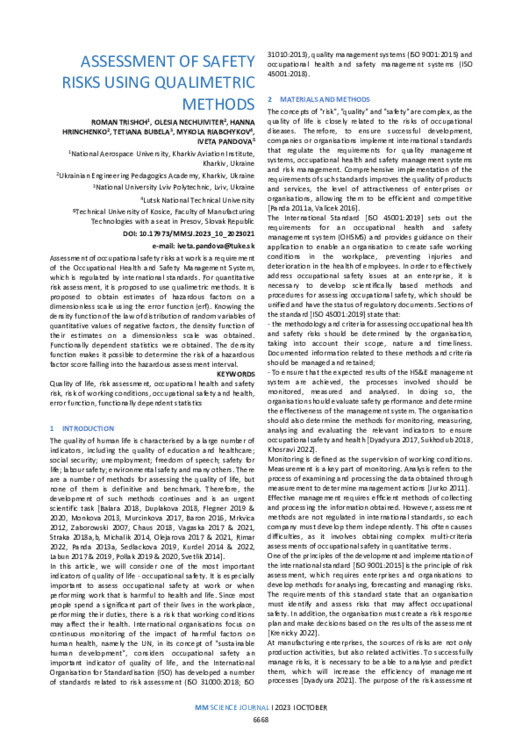 Accu Methods Risks ASSESSMENT OF SAFETY RISKS USING QUALIMETRIC METHODS | MM Science Journal