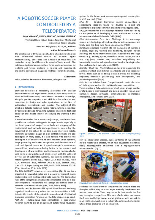 A ROBOTIC SOCCER PLAYER CONTROLLED BY A TELEOPERATOR | MM Science Journal